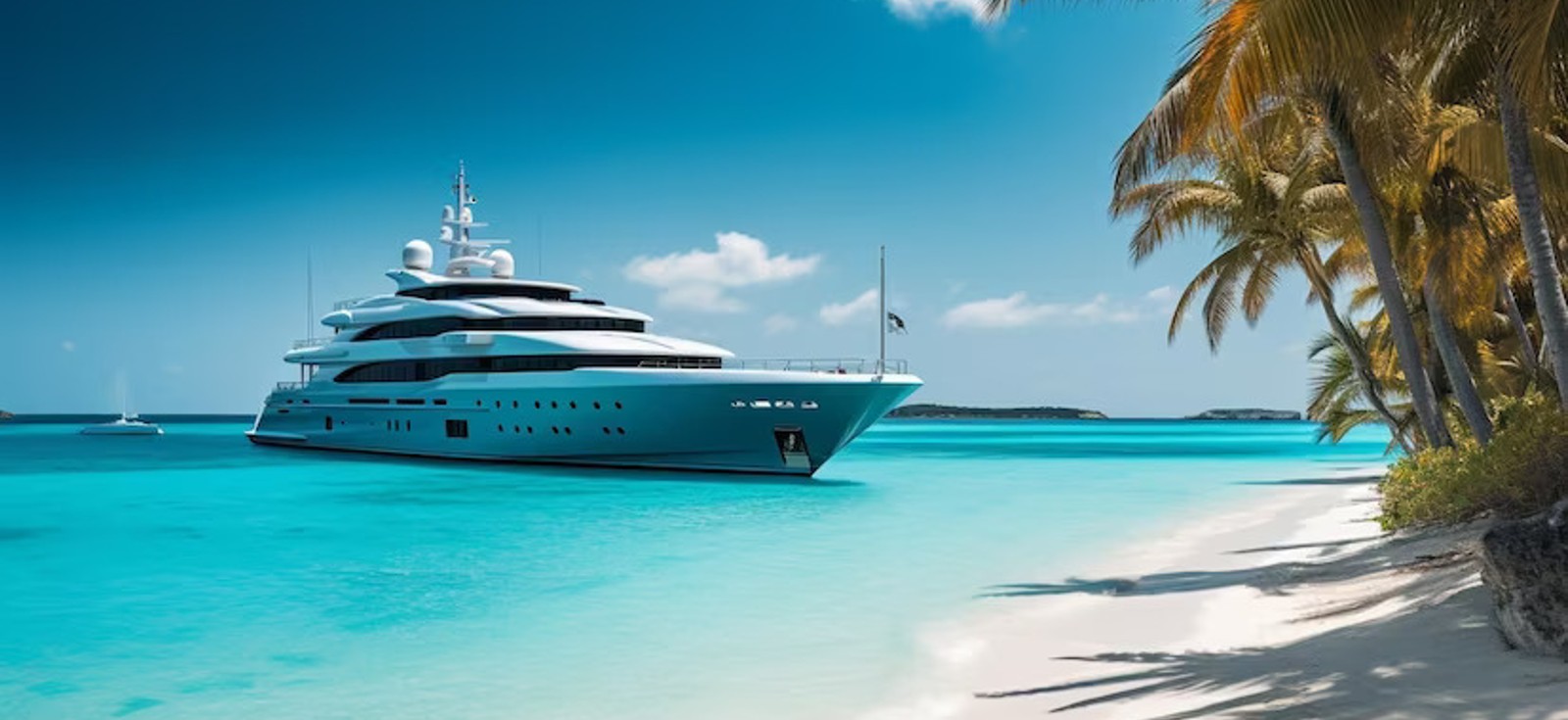 Yacht sailing in crystal-clear waters with stunning coastline in the background